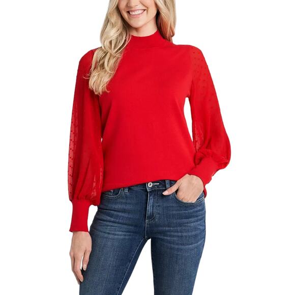 Cece Women's Red Mock Neck Clip Dot Sheer Long Sleeve Sweater Top Size Medium - Picture 1 of 7